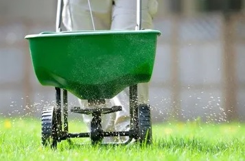 A person is using a lawn fertilizer spreader.