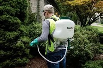 A man in safety vest spraying bushes with a spray gun.