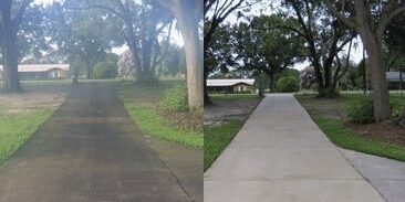 A before and after picture of the same driveway.